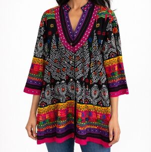 Anu India Boho Embroidered Cotton Tunic Top Ethnic Print 3/4 Sleeve Button Sz M